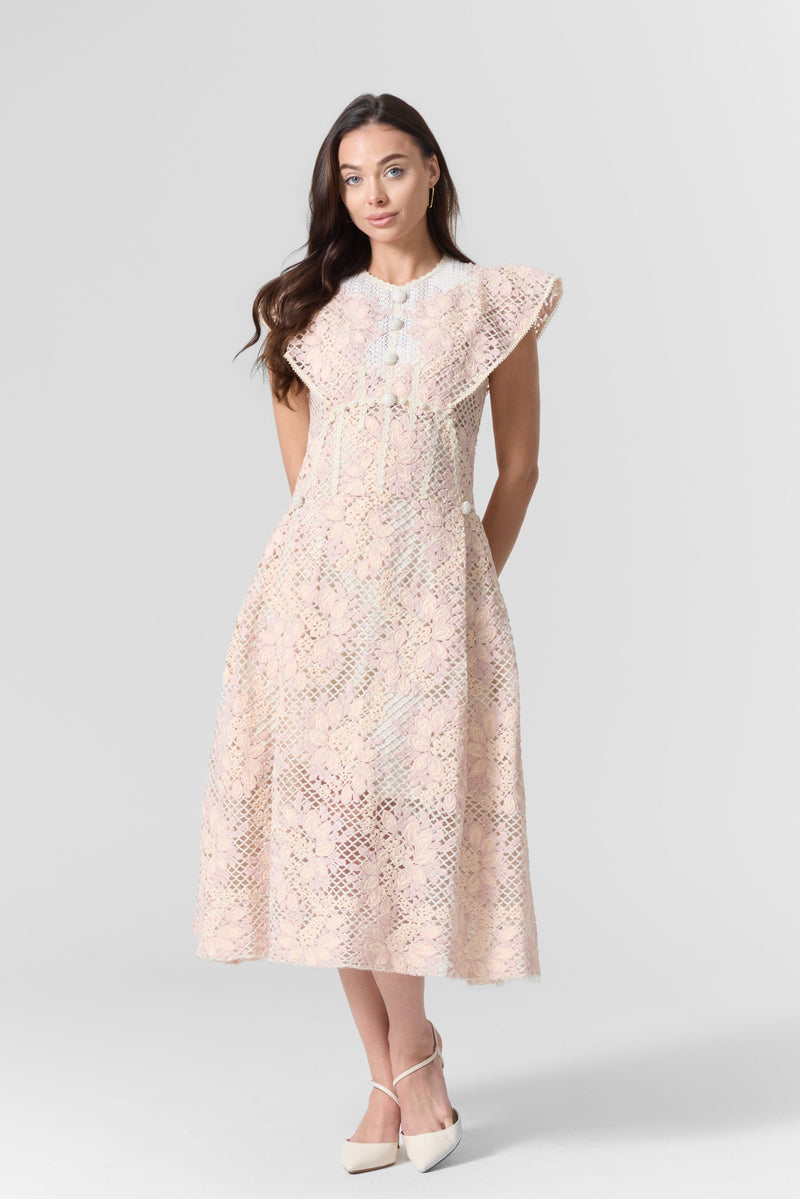 pink lace dress midi Pink Lace Embroidered Midi Dress – Le Fafo